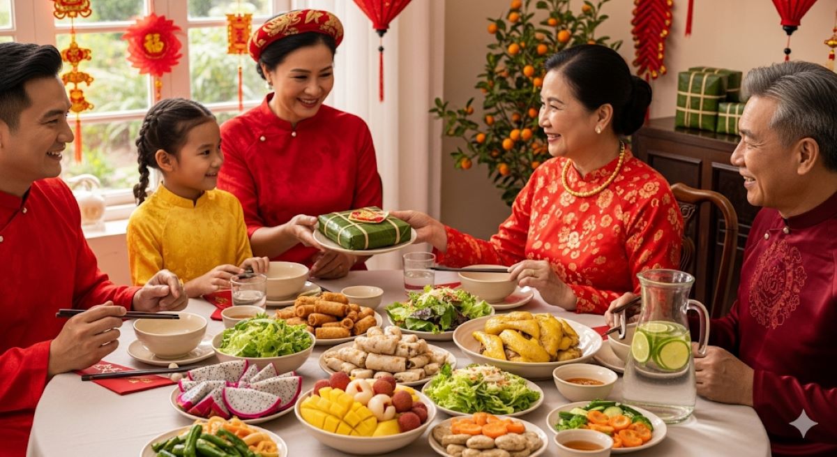 Summarize the harmony between tradition and modern nutrition science during Tet