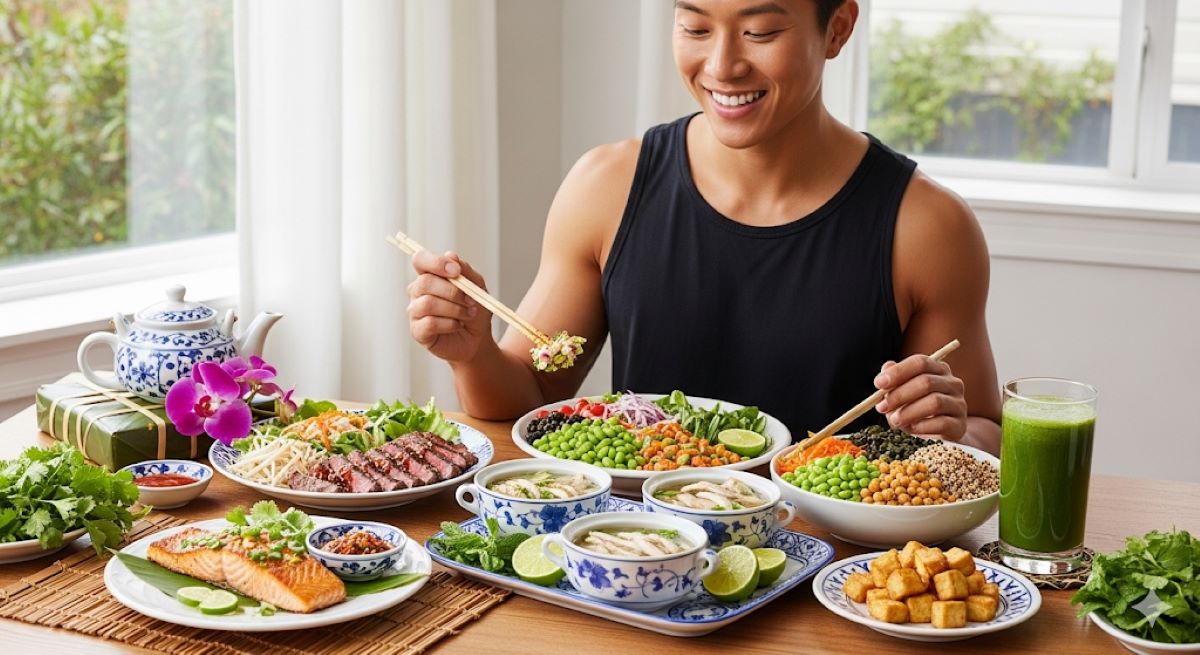 Summarize the main message about achieving optimal protein intake through diverse Vietnamese food sources